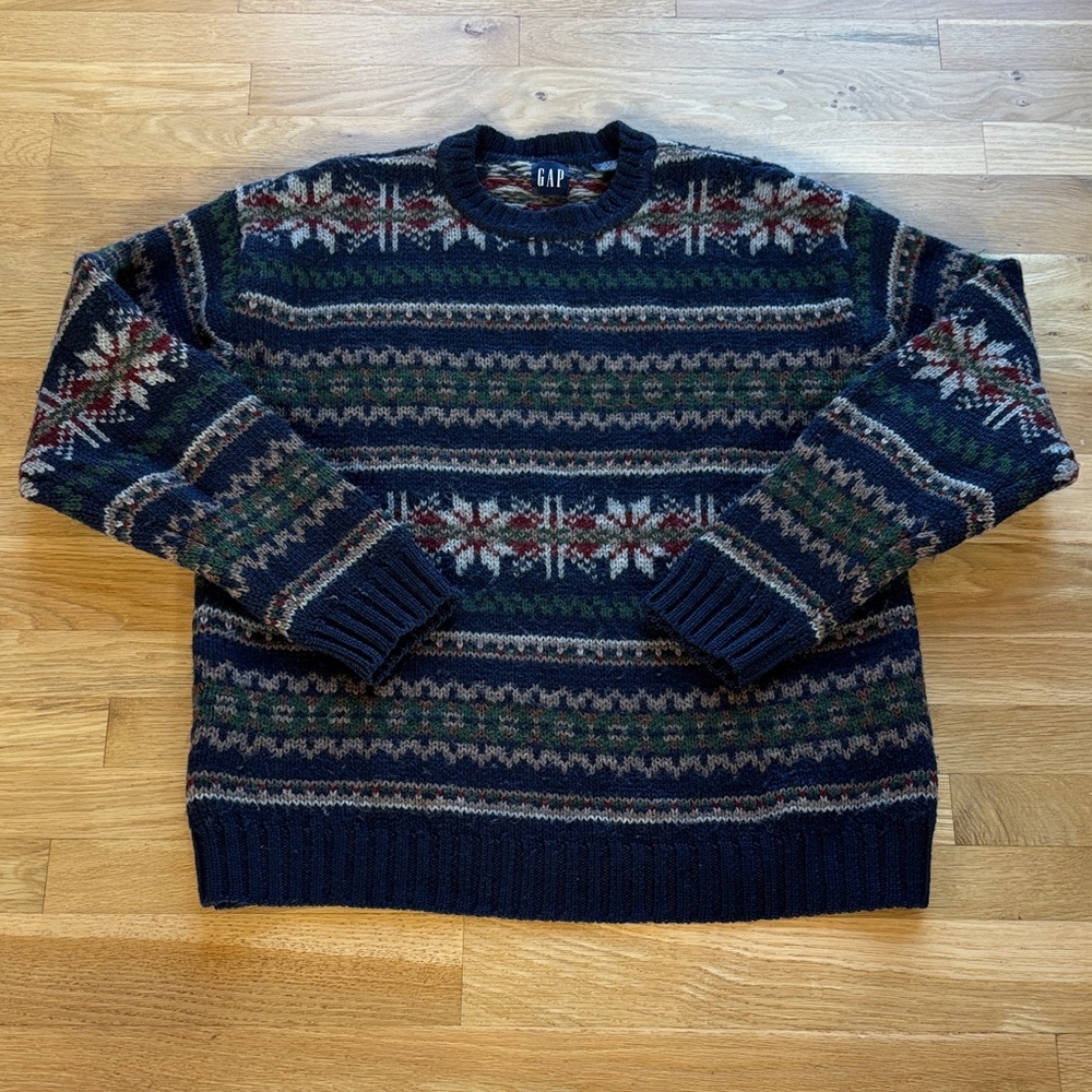 Vintage Gap 100% Wool Mens XL Sweater Snowflake Pattern Blue/Green